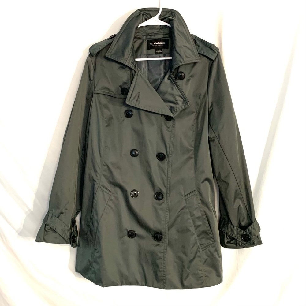 Liz Claiborne Outerwear Blue Gray Metallic Trench Coat Rain Coat Women's Sz XL